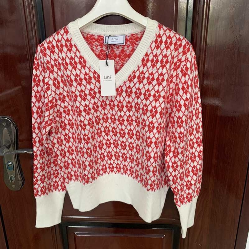 AMI red and white V-neck sweater